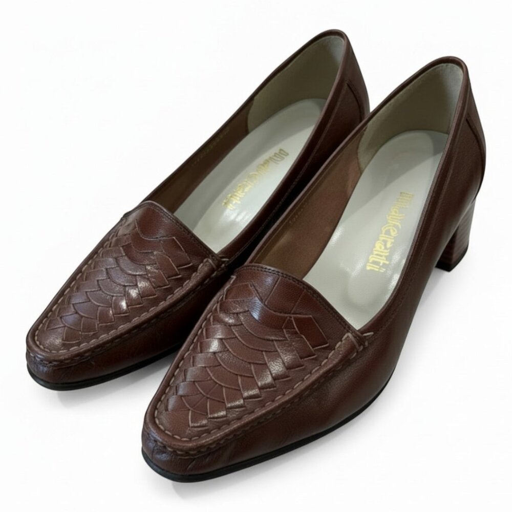 Vintage Maserati Women’s Brown Leather Heeled Loafers Woven Vamp Size 6B